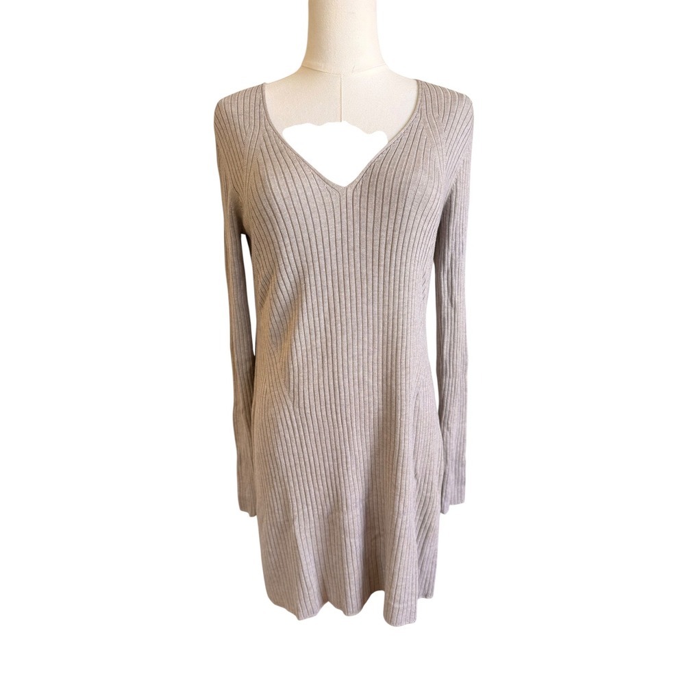 The Group by Babaton Ribbed V-Neck Long Sleeve Sweater Dress Taupe Beige Size L